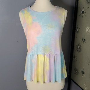 Nwot Pink Lily Rainbow Pastel Tie Dye Peplum Tank Top Shirt Sleeveless Sz S
